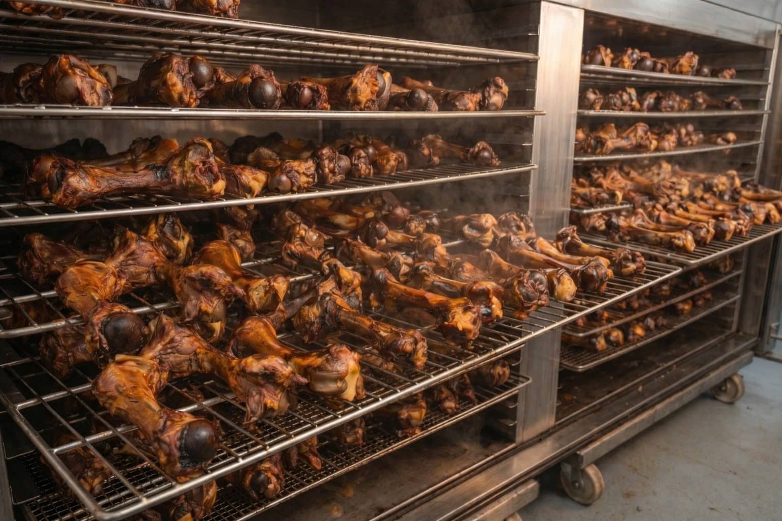 Audlay slow-dried bones arranged across industrial oven racks
