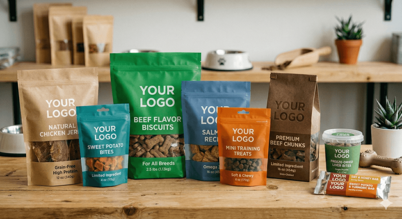 Private-label dog treat packaging concepts lined up on a wooden table