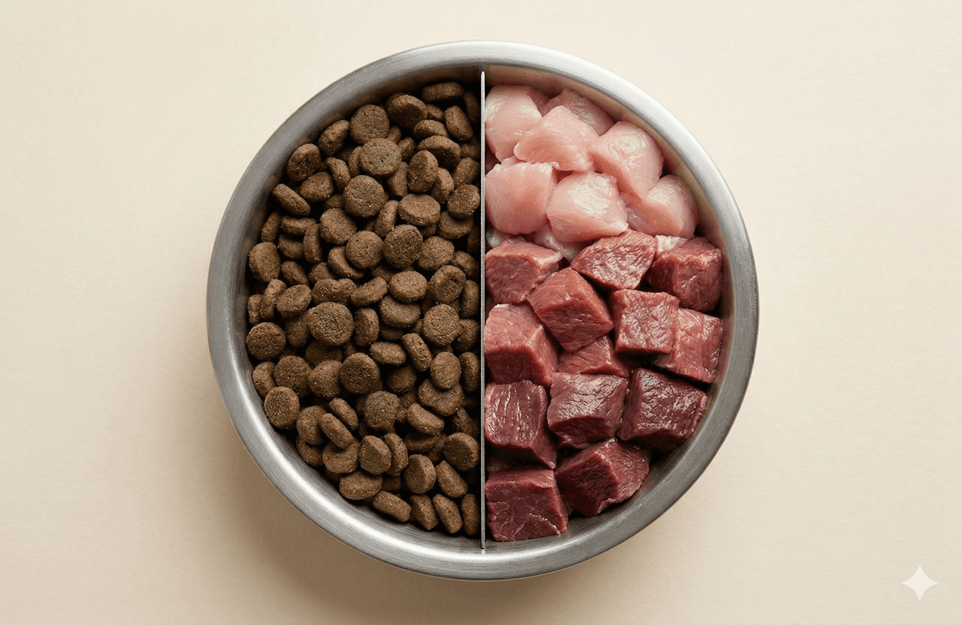 A split bowl showing finished kibble beside raw protein ingredients